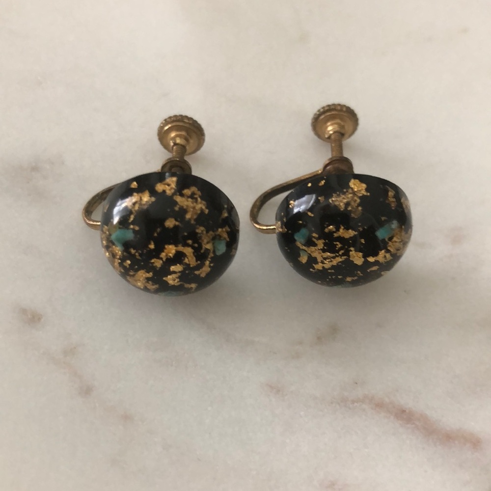 Vintage Black and Gold Spherical Galaxy Screw Back  Earrings